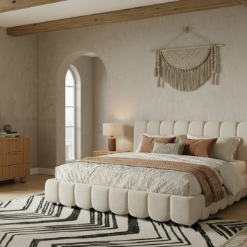 Larris + Winters - Modern Off-White Fabric + Natural Oak 4-Piece Bedroom King Set