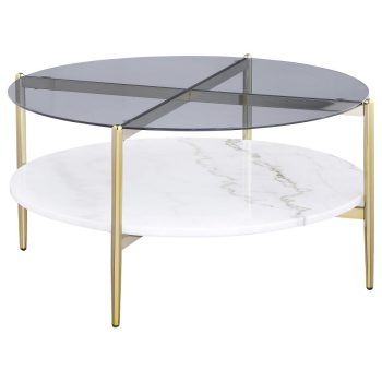 Jonel Round Glass Top Coffee Table White Marble Shelf Gold