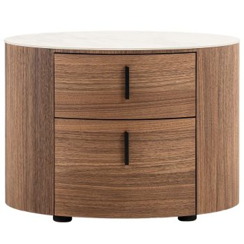 Elton - Contemporary White Ceramic & Walnut Oval Nightstand